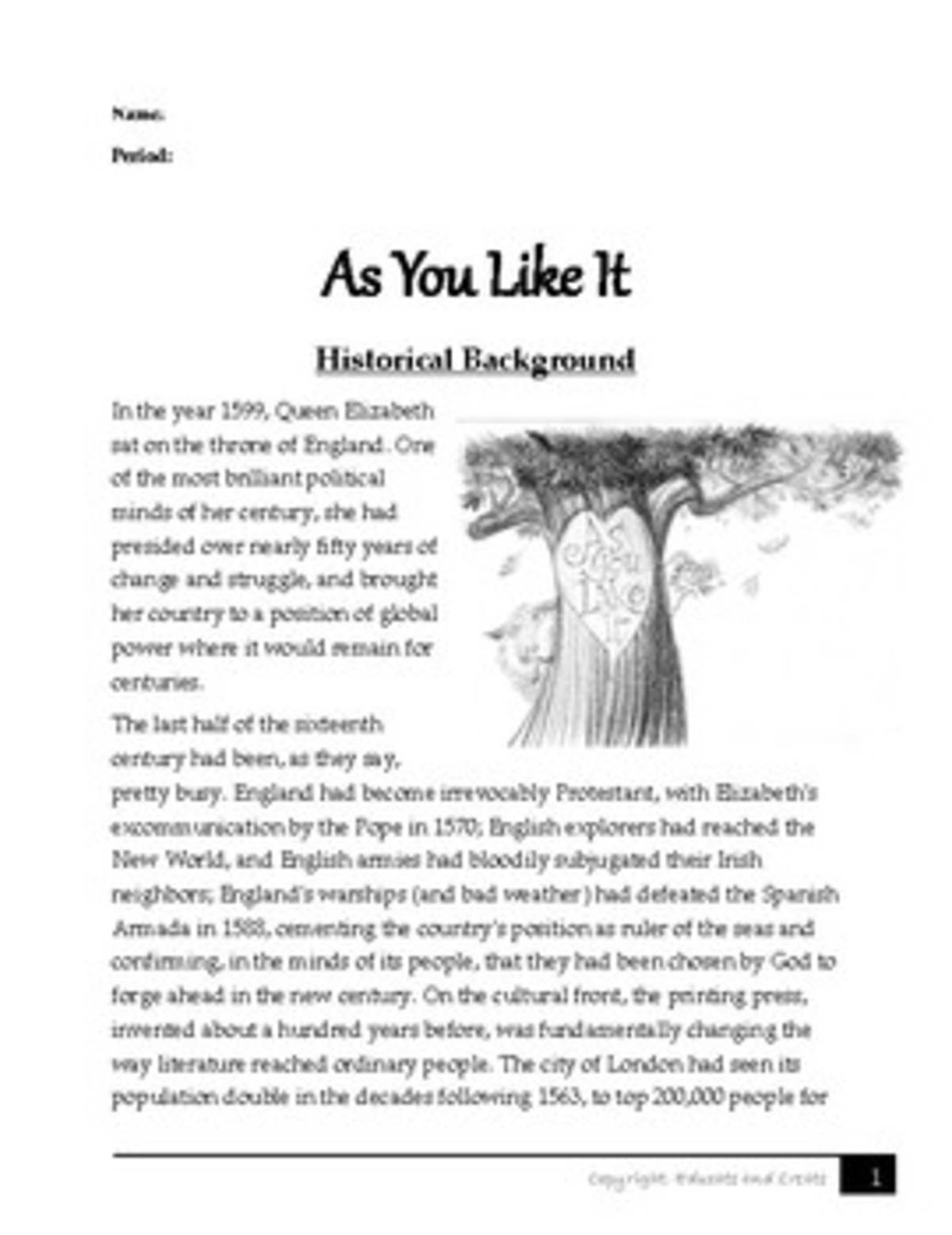 An educational teaching resource from Educate and Create entitled As You Like It- Historical Background downloadable at Teach Simple.