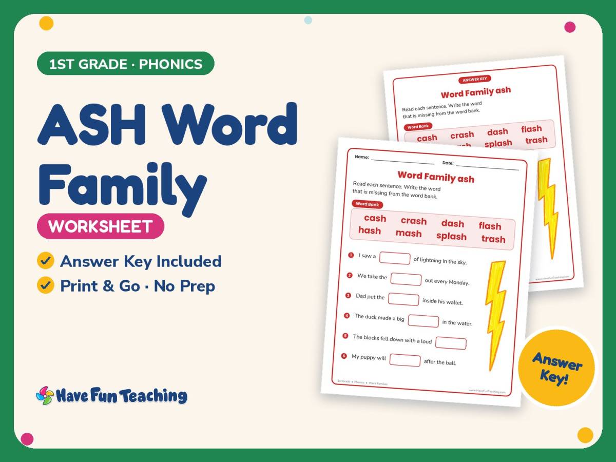 ASH Word Family Worksheet – 1st Grade Word Families Practice preview