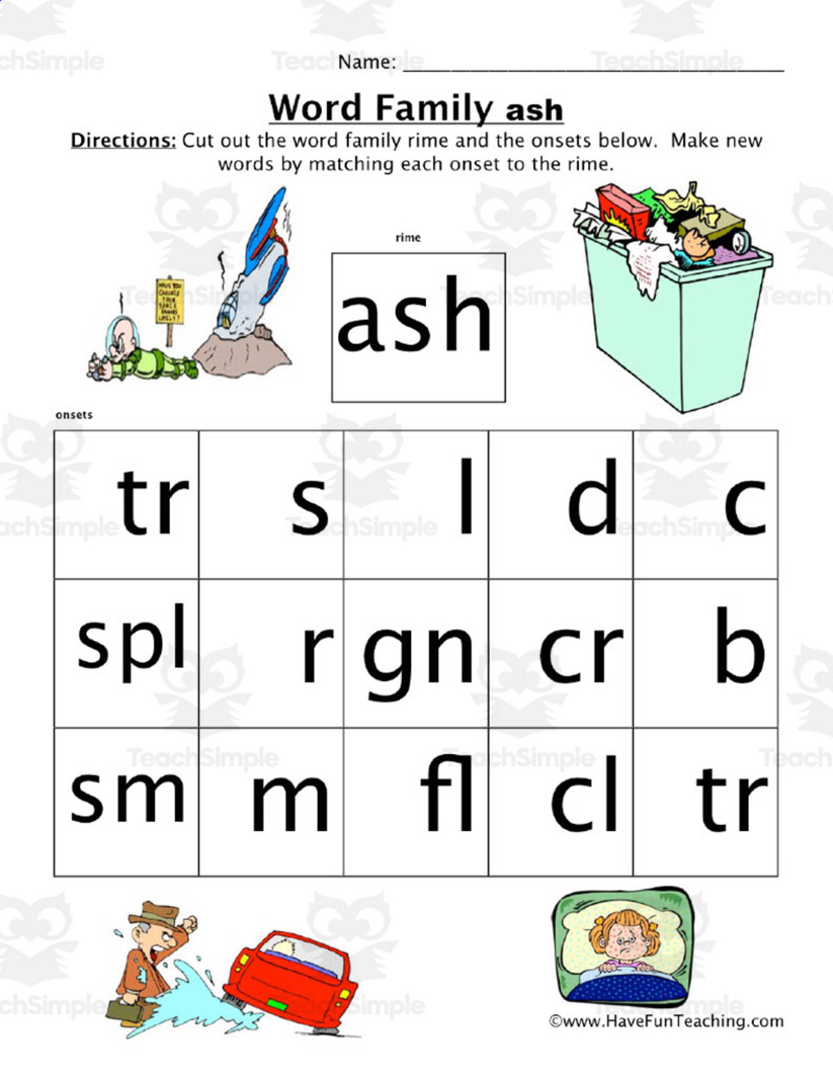 An educational teaching resource from Have Fun Teaching entitled ASH Word Family Worksheet downloadable at Teach Simple.