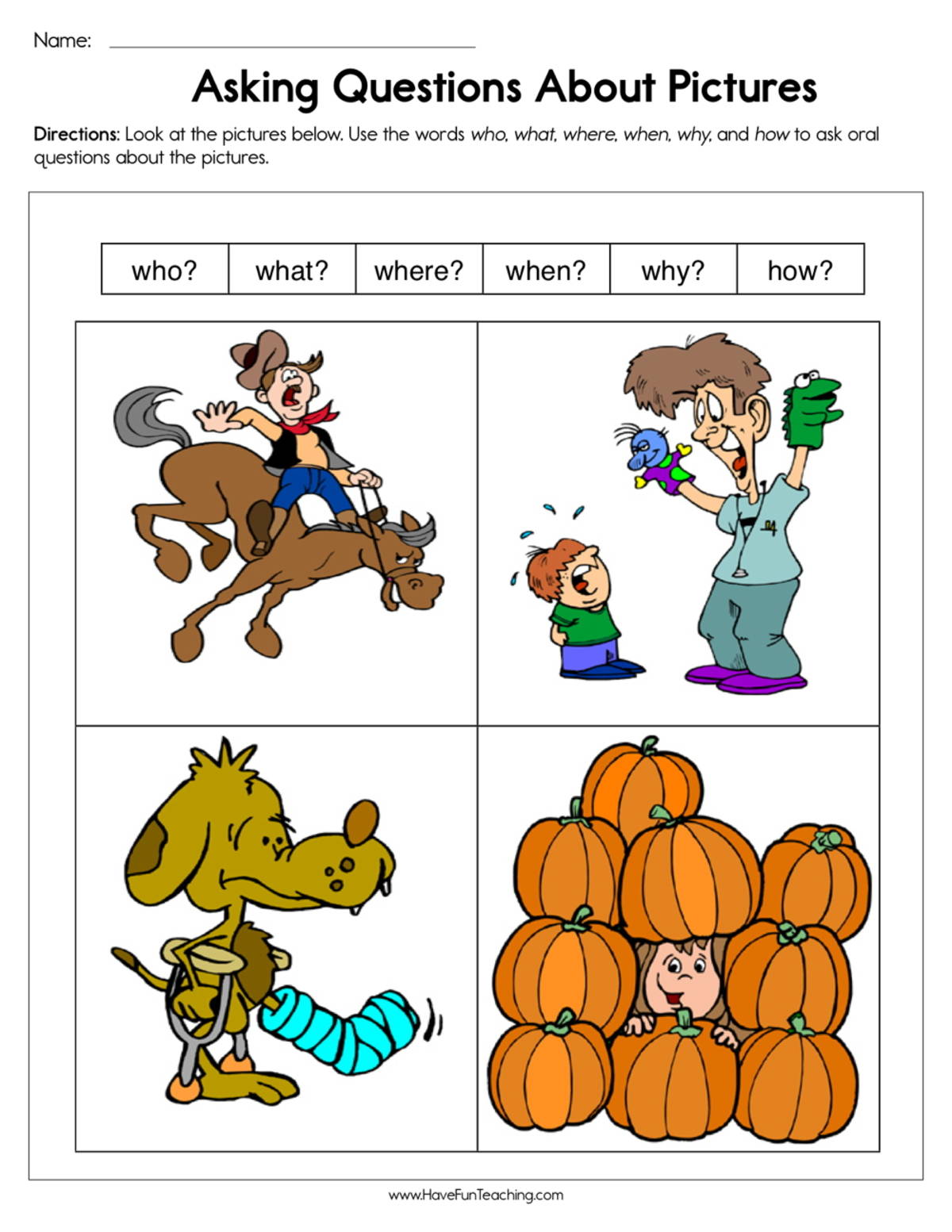 An educational teaching resource from Have Fun Teaching entitled Asking Questions About Pictures Worksheet downloadable at Teach Simple.