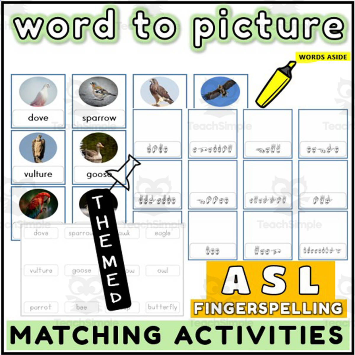 An educational teaching resource from WORDS ASIDE entitled ASL Word to Picture Activities Flashcards 1 downloadable at Teach Simple.