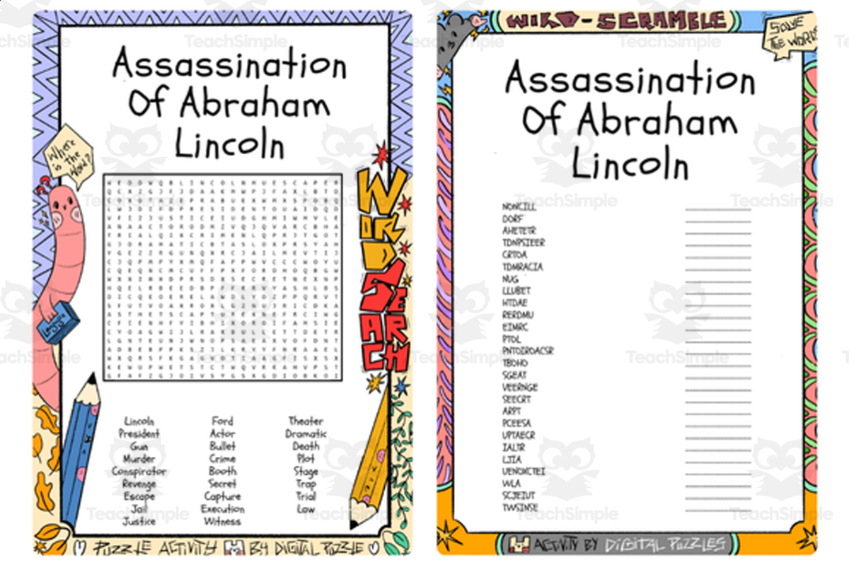 An educational teaching resource from Lapiiin Art Activities entitled Assassination Of Abraham Lincoln word search & scramble downloadable at Teach Simple.
