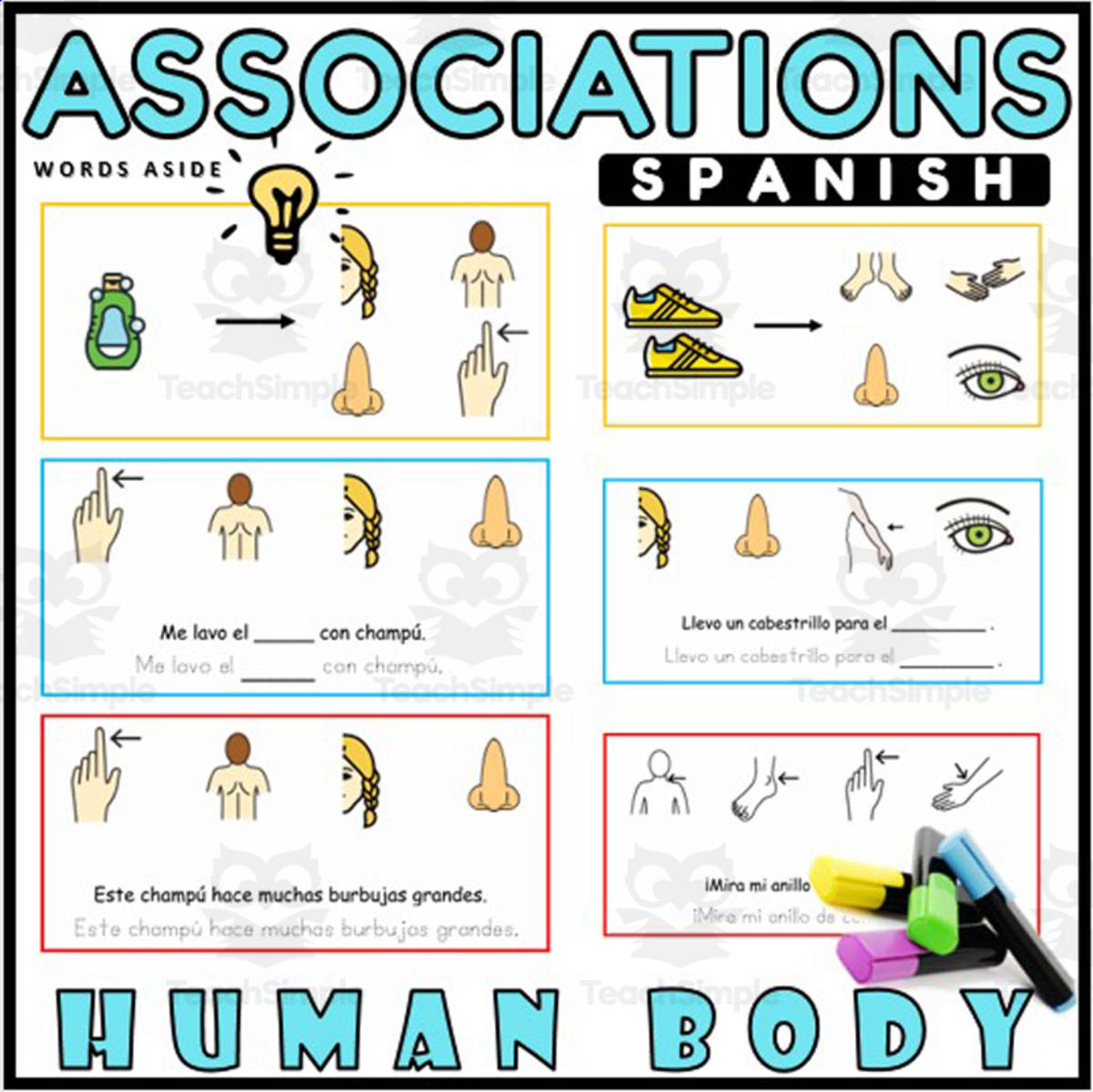 An educational teaching resource from WORDS ASIDE entitled Association Spanish Task Cards Body downloadable at Teach Simple.