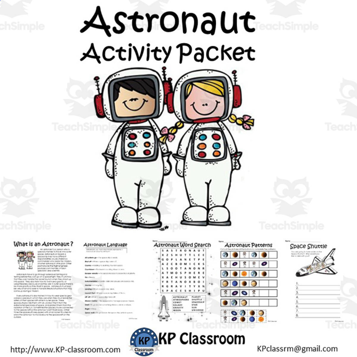 An educational teaching resource from KP Classroom entitled Astronaut Activity Packet and Worksheets downloadable at Teach Simple.