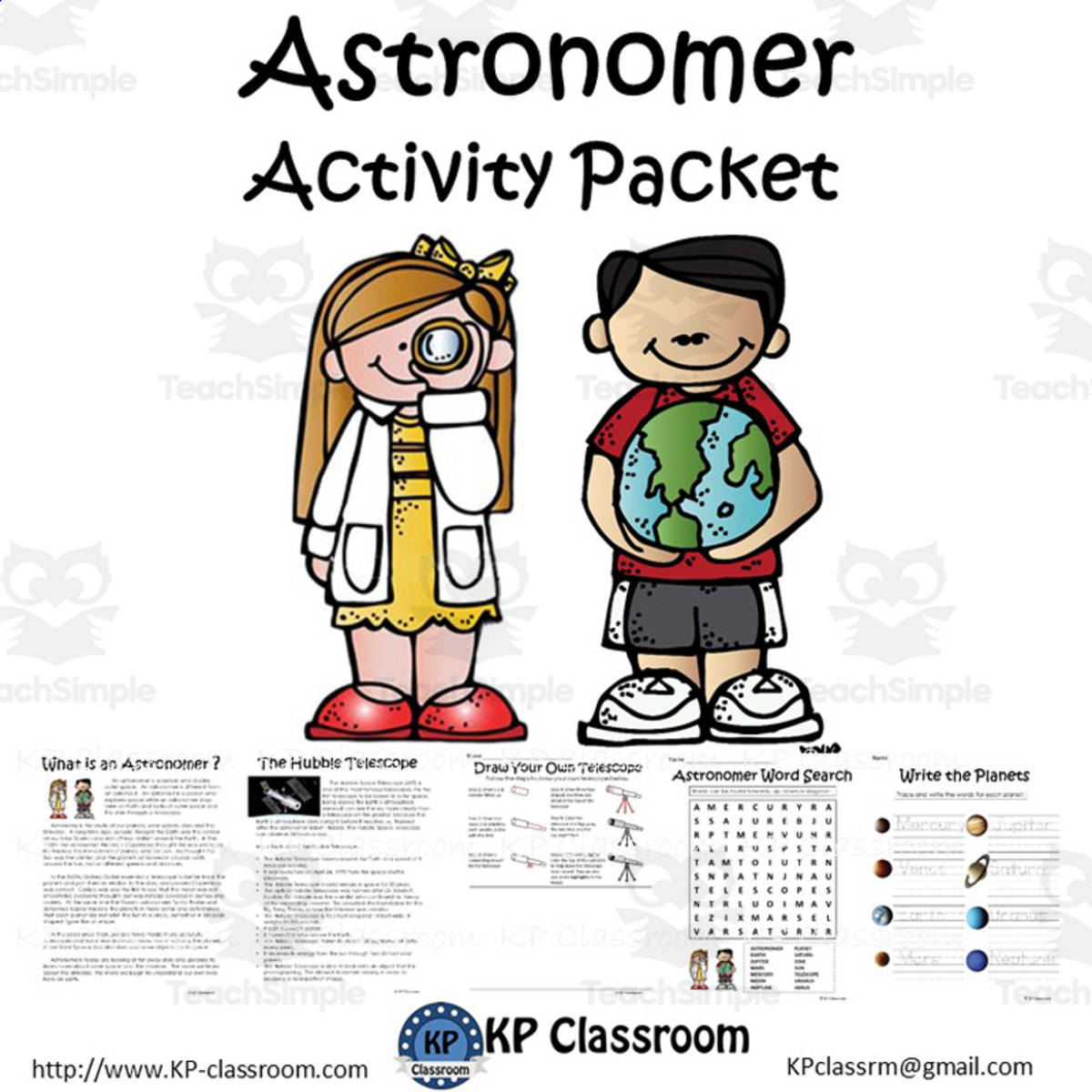 An educational teaching resource from KP Classroom entitled Astronomer Activity Packet and Worksheets downloadable at Teach Simple.