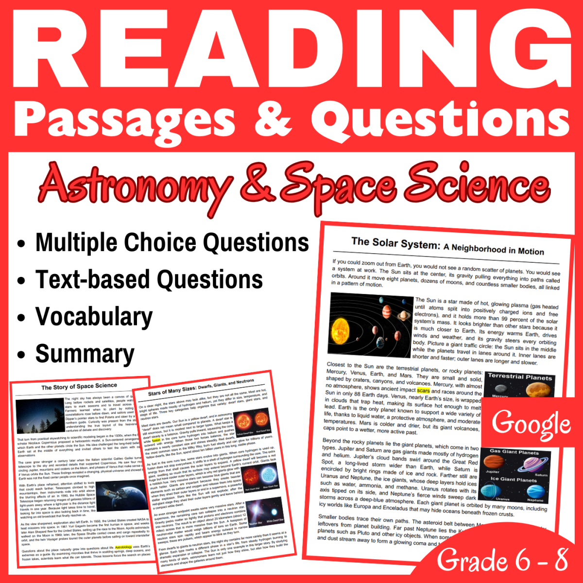 An educational teaching resource from CORED Education - Middle & High School entitled Astronomy & Space Science: Reading Comprehension Passages (Docs) downloadable at Teach Simple.