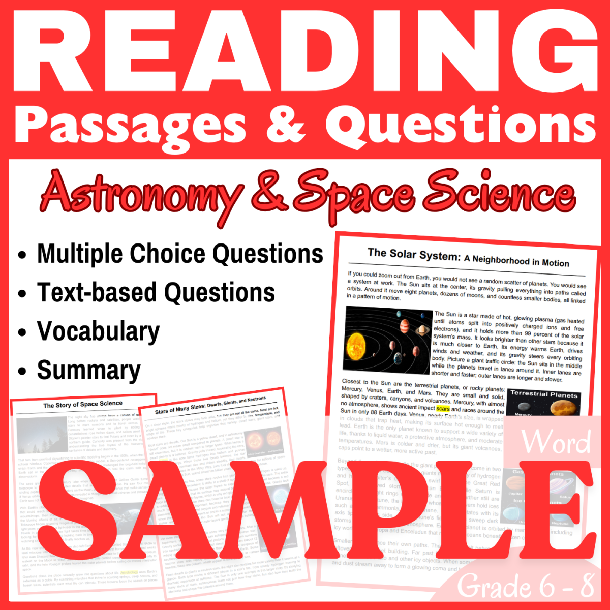An educational teaching resource from CORED Education - Middle & High School entitled Astronomy & Space Science: SAMPLE Reading Comprehension Passage (Word) downloadable at Teach Simple.