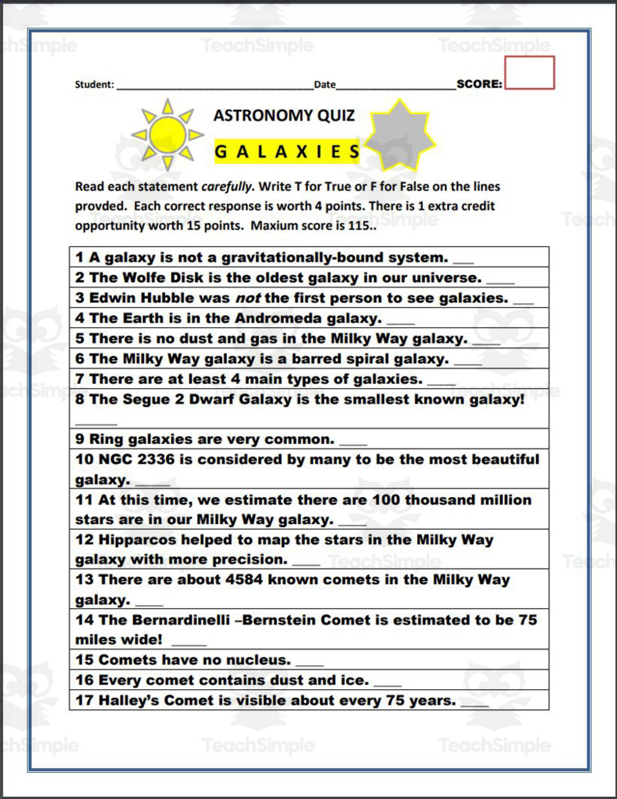 An educational teaching resource from THE LANTERN OF KNOWLEDGE entitled Astronomy: Galaxies Quiz downloadable at Teach Simple.