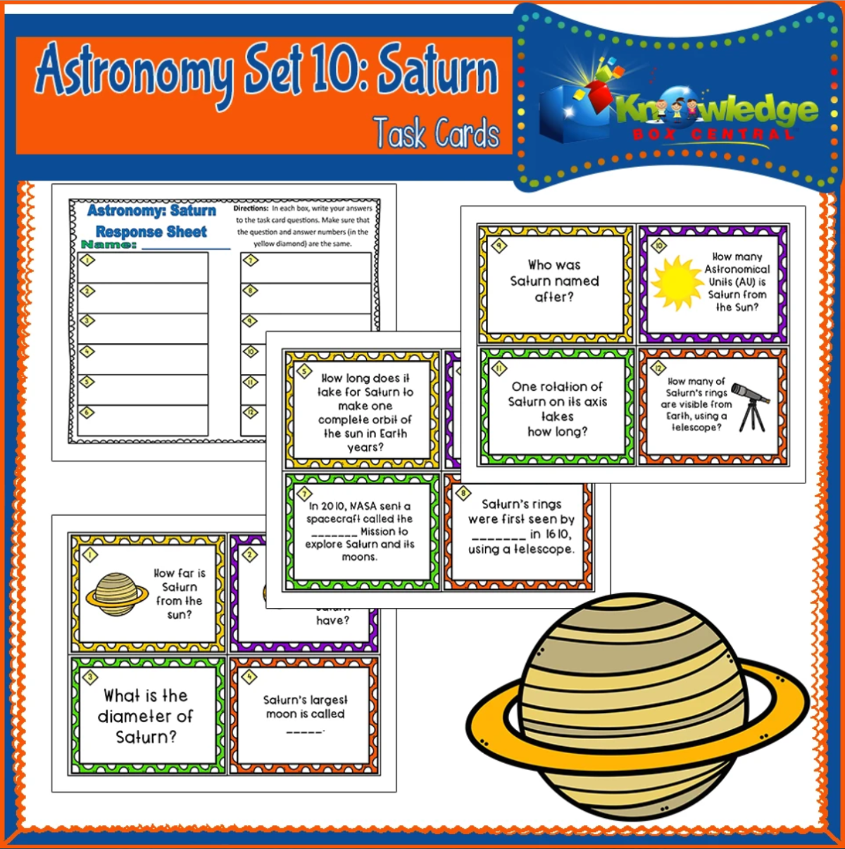 An educational teaching resource from Knowledge Box Central entitled Astronomy Task Cards: Set 10: Saturn - EBOOK downloadable at Teach Simple.