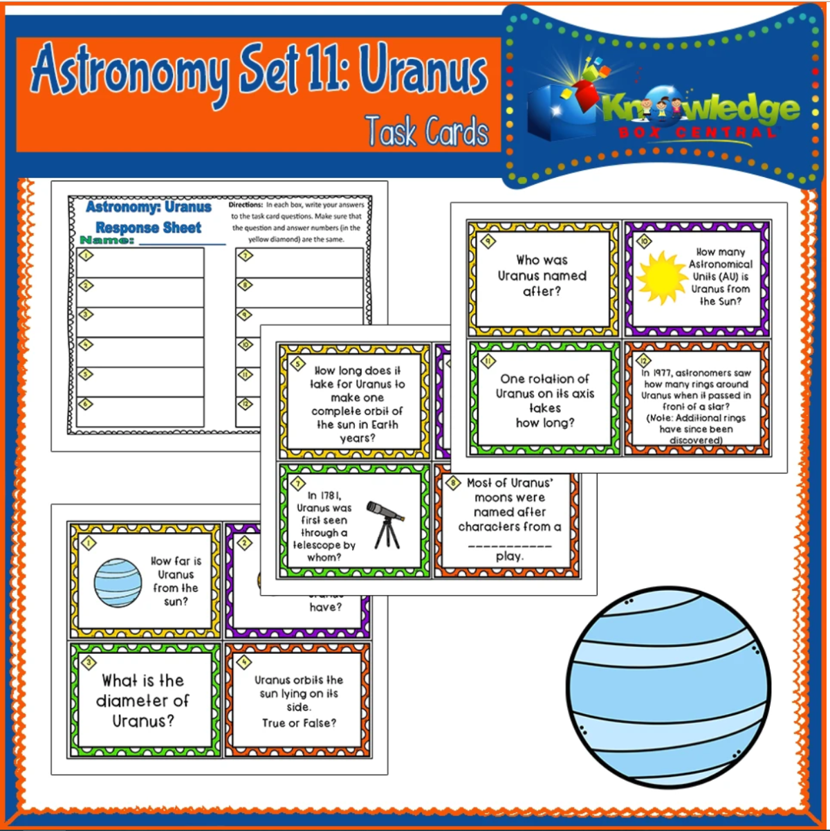 An educational teaching resource from Knowledge Box Central entitled Astronomy Task Cards: Set 11: Uranus - EBOOK downloadable at Teach Simple.