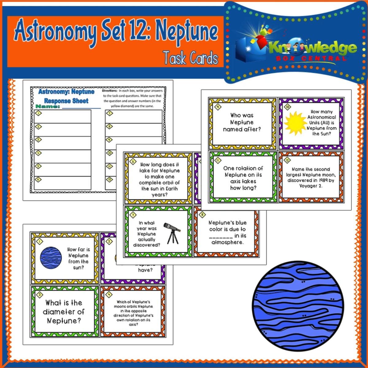 An educational teaching resource from Knowledge Box Central entitled Astronomy Task Cards: Set 12: Neptune - EBOOK downloadable at Teach Simple.