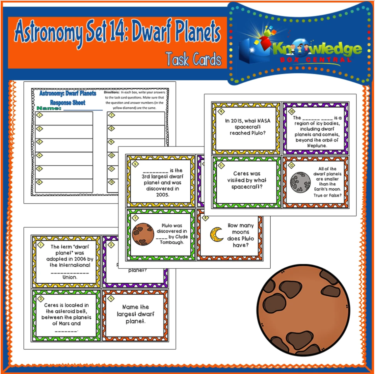An educational teaching resource from Knowledge Box Central entitled Astronomy Task Cards: Set 14: Dwarf Planets - EBOOK downloadable at Teach Simple.