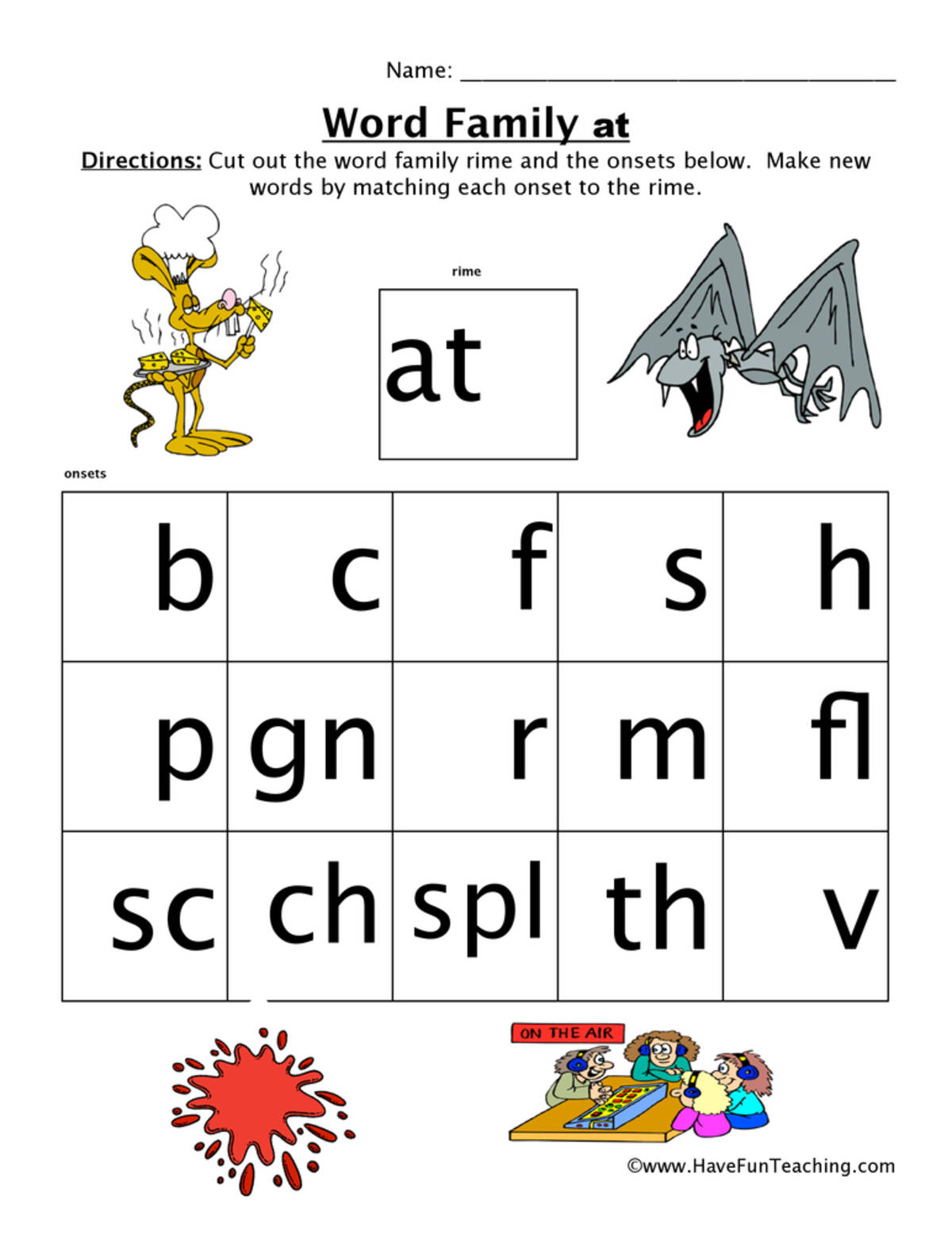 An educational teaching resource from Have Fun Teaching entitled AT Word Family Worksheet downloadable at Teach Simple.