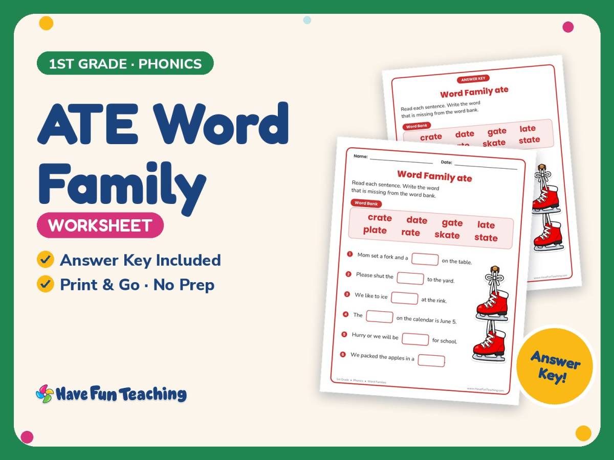 ATE Word Family Worksheet – 1st Grade Word Families Practice preview