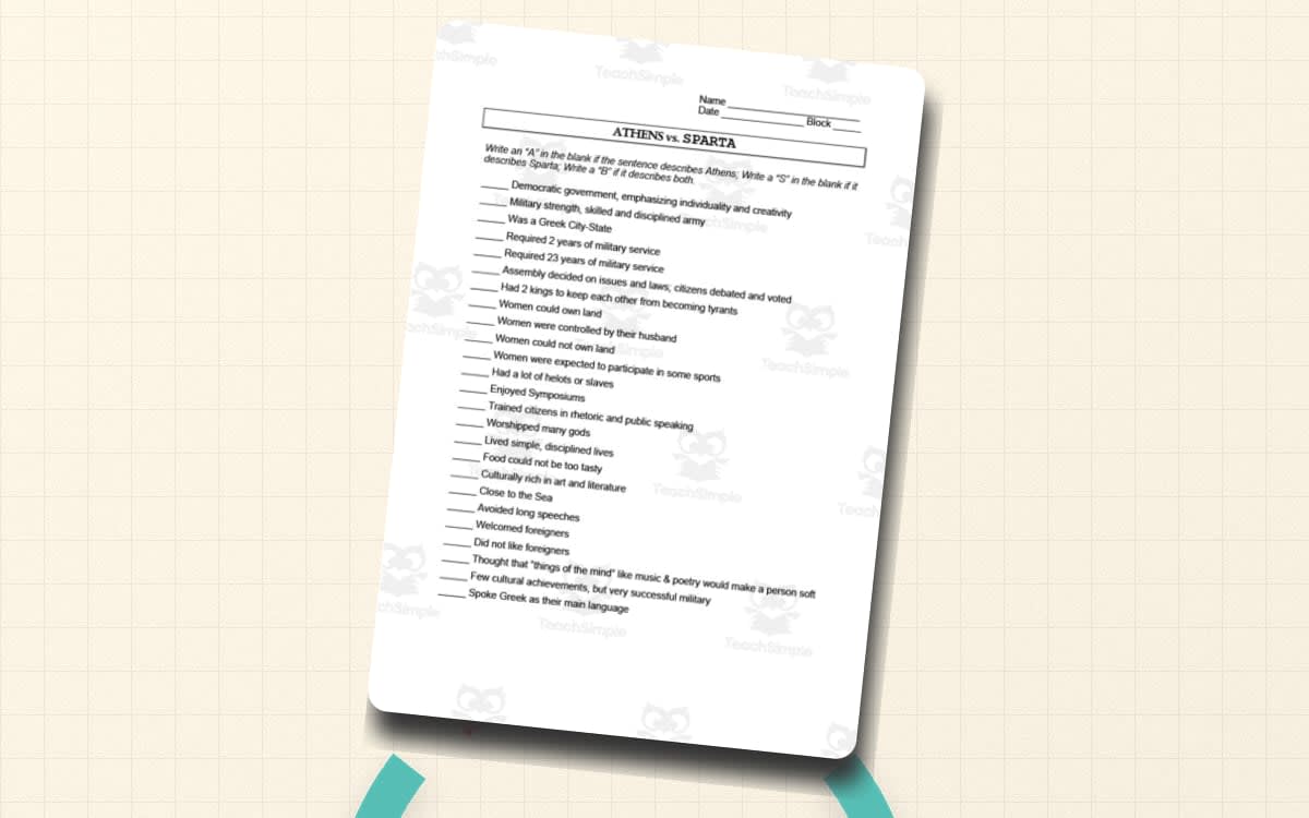 An educational teaching resource from History with DeLong entitled Athens vs. Sparta Worksheet downloadable at Teach Simple.