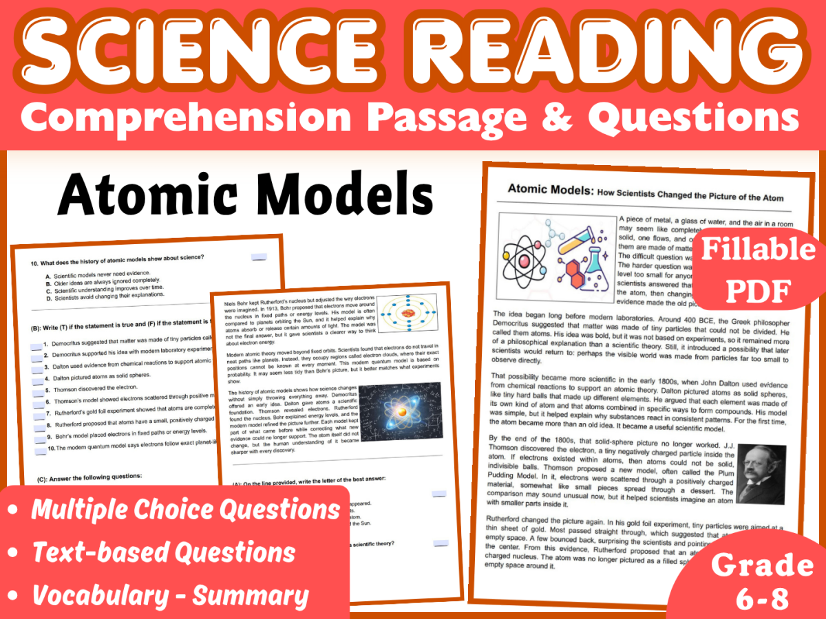 An educational teaching resource from Middle & High School - CORED Education entitled Atomic Models: Physical Science Reading Comprehension (Fillable PDF) downloadable at Teach Simple.