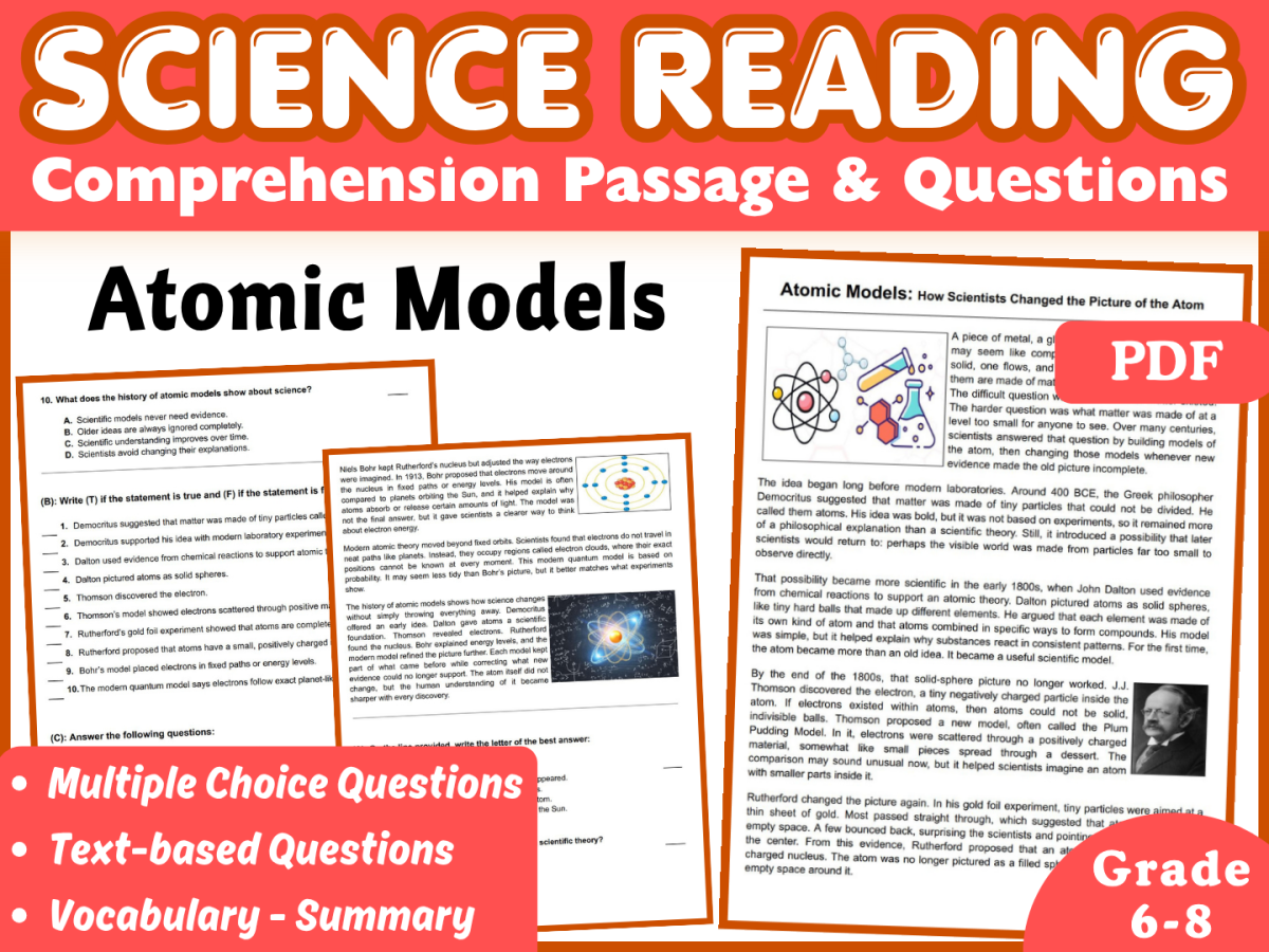 An educational teaching resource from Middle & High School - CORED Education entitled Atomic Models: Physical Science Reading Comprehension Passage (PDF) downloadable at Teach Simple.