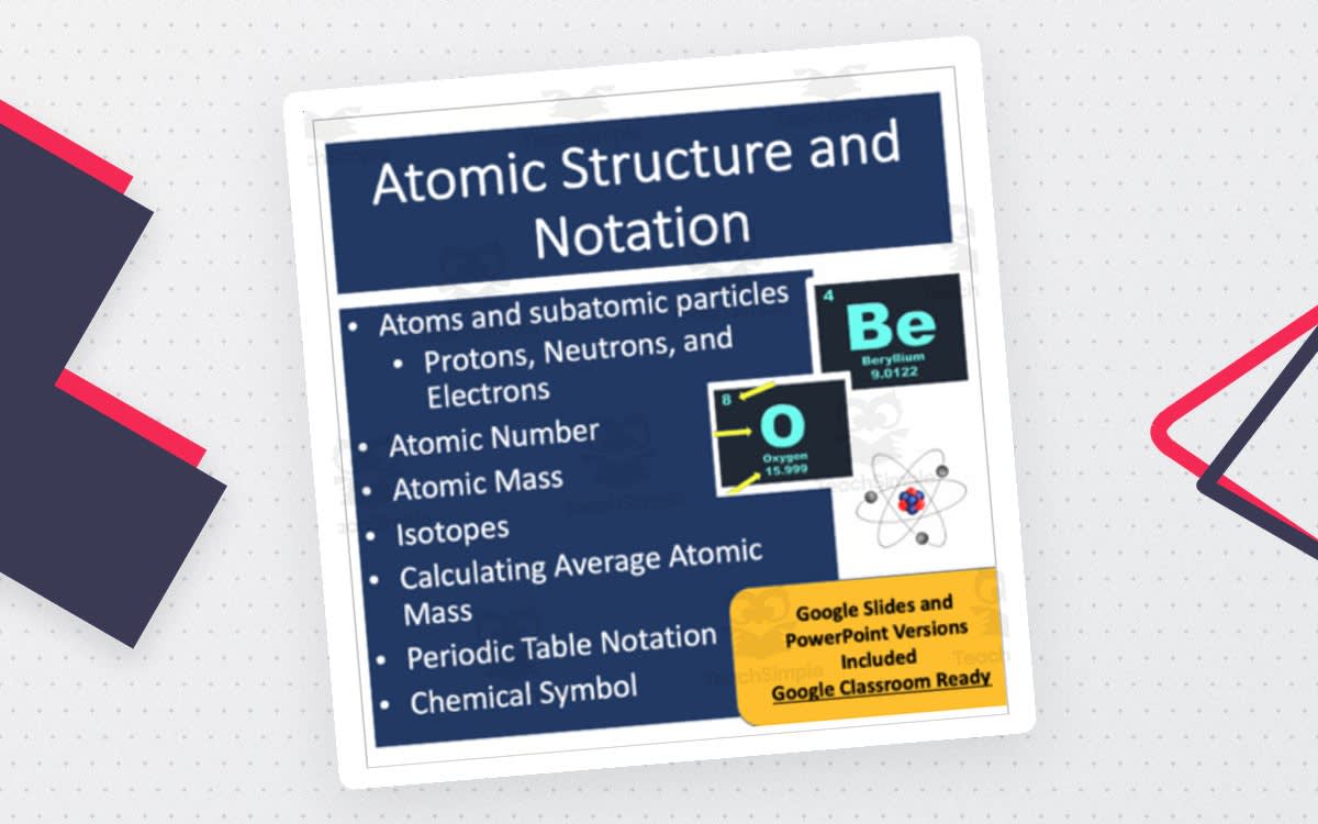 An educational teaching resource from Teach With Fergy entitled Atomic Structure and Notation Lesson - Google Slides and PowerPoint Lesson downloadable at Teach Simple.