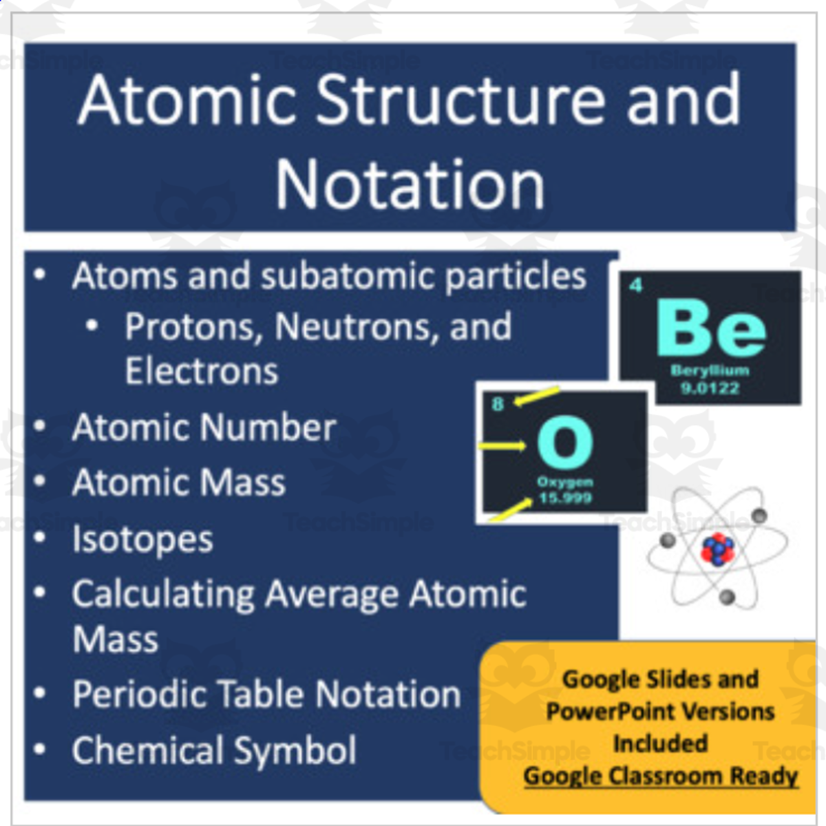 An educational teaching resource from Teach With Fergy entitled Atomic Structure and Notation Lesson - Google Slides and PowerPoint Lesson downloadable at Teach Simple.