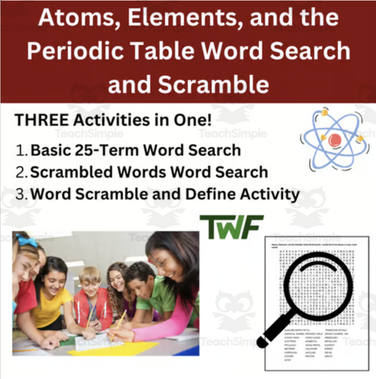 An educational teaching resource from Teach With Fergy entitled Atoms, Elements, & the Periodic Table Word Search & Scramble Activity downloadable at Teach Simple.
