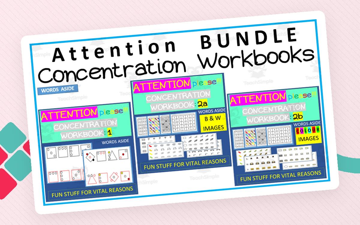 An educational teaching resource from WORDS ASIDE entitled Attention Concentration Workbooks BUNDLE downloadable at Teach Simple.