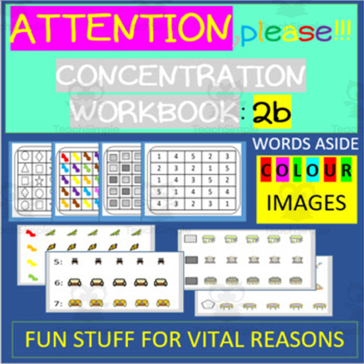 An educational teaching resource from WORDS ASIDE entitled ATTENTION, please! - CONCENTRATION WORKBOOK: 2b | coloured downloadable at Teach Simple.