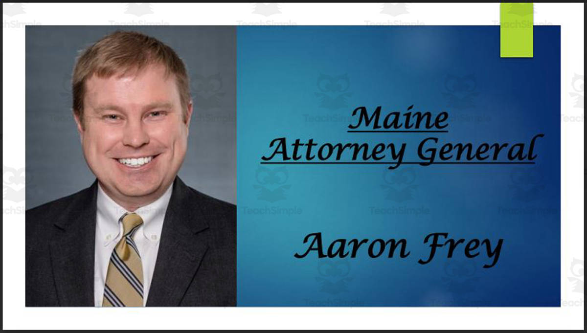 An educational teaching resource from Mr. Matthews Teacher Store entitled Attorney General Aaron Frey (ME) BIO PPT downloadable at Teach Simple.