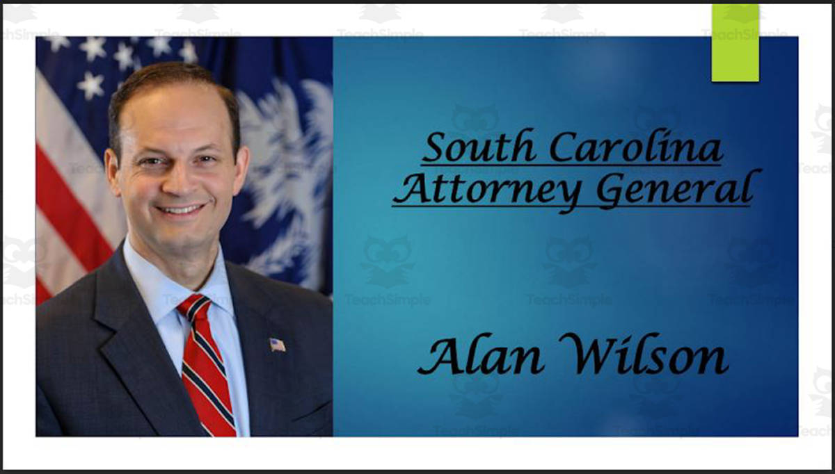An educational teaching resource from Mr. Matthews Teacher Store entitled Attorney General Alan Wilson (SC) BIO PPT downloadable at Teach Simple.
