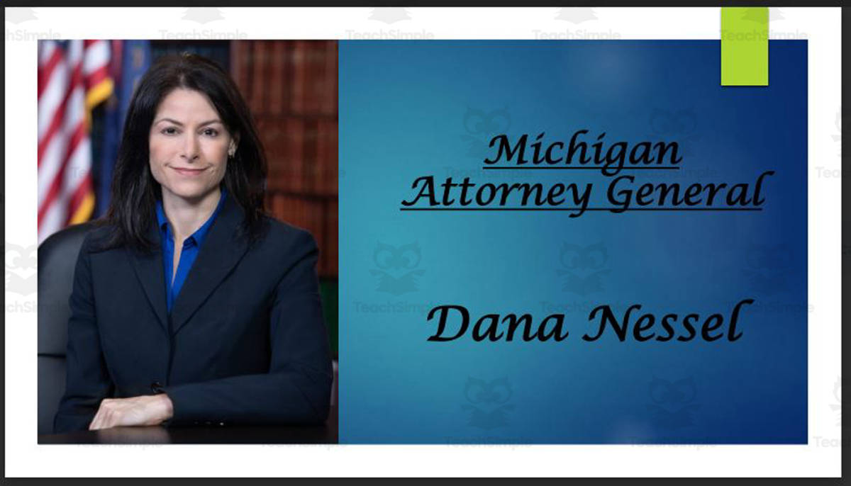 An educational teaching resource from Mr. Matthews Teacher Store entitled Attorney General Dana Nessel (MI) BIO PPT downloadable at Teach Simple.