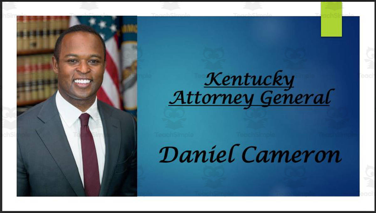 An educational teaching resource from Mr. Matthews Teacher Store entitled Attorney General Daniel Cameron (KY) BIO PPT downloadable at Teach Simple.