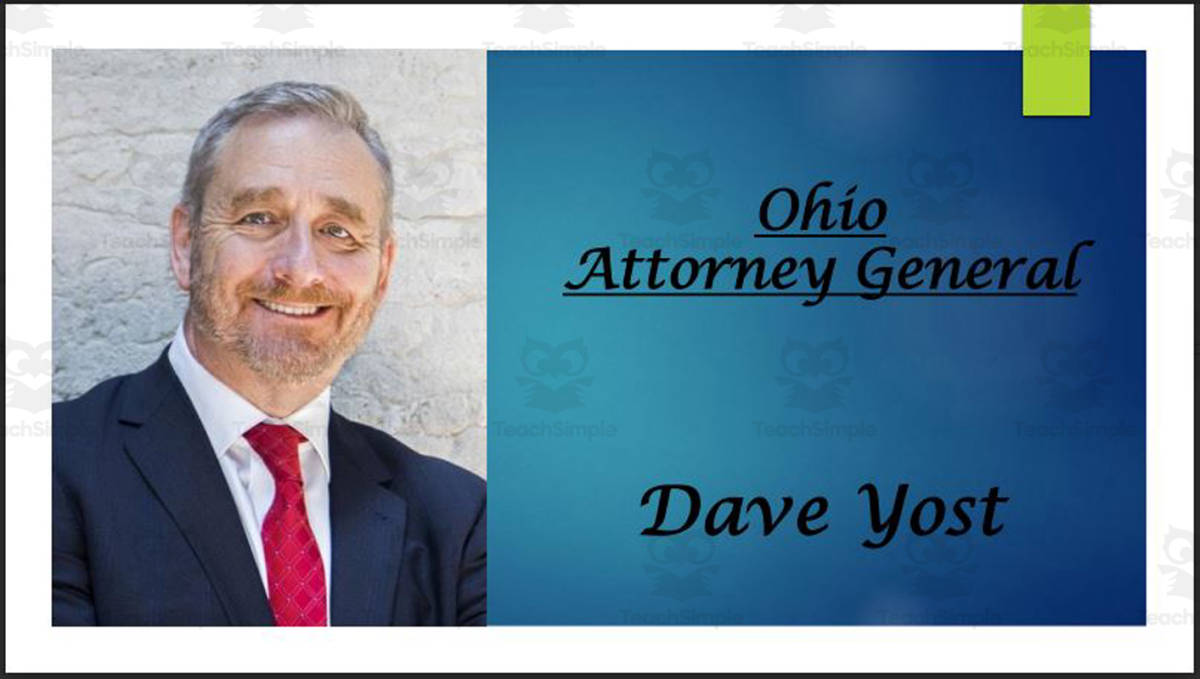 An educational teaching resource from Mr. Matthews Teacher Store entitled Attorney General Dave Yost (OH) BIO PPT downloadable at Teach Simple.