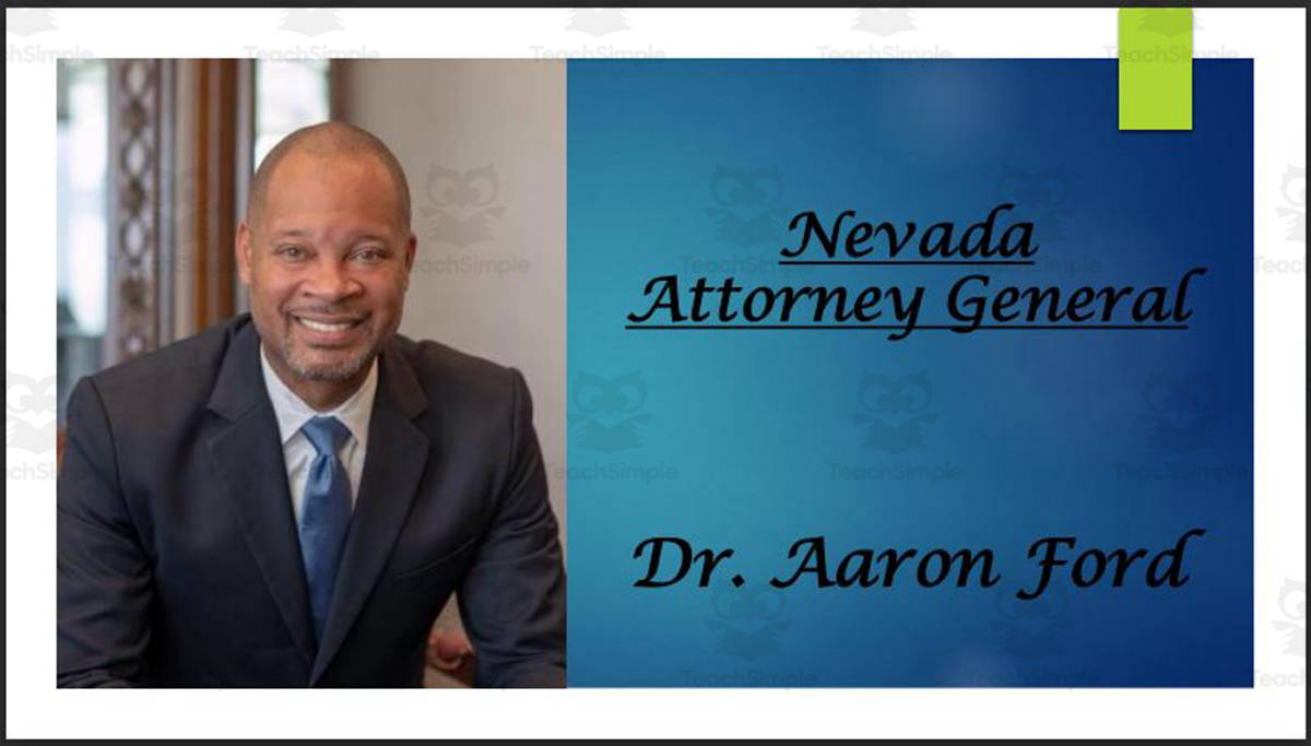 An educational teaching resource from Mr. Matthews Teacher Store entitled Attorney General Dr. Aaron Ford (NV) BIO PPT downloadable at Teach Simple.