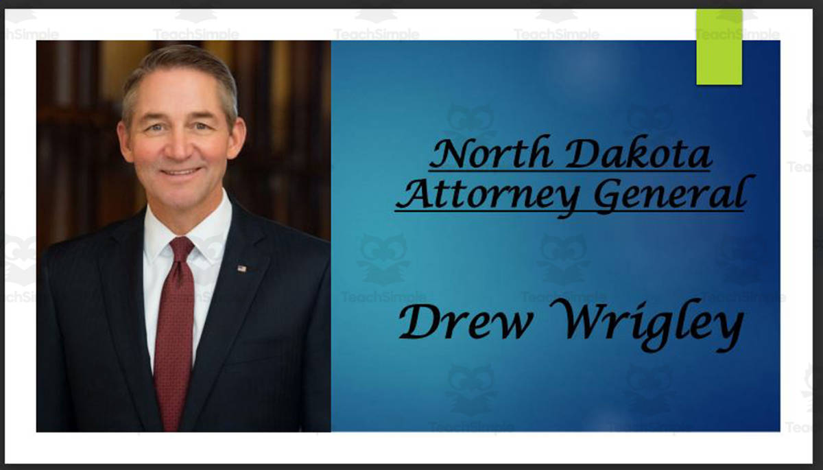 An educational teaching resource from Mr. Matthews Teacher Store entitled Attorney General Drew Wrigley (ND) BIO PPT downloadable at Teach Simple.