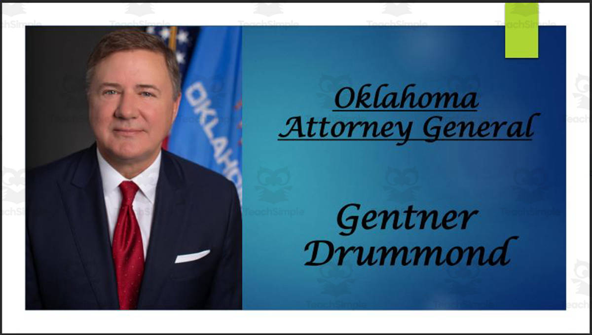 An educational teaching resource from Mr. Matthews Teacher Store entitled Attorney General Gentner Drummond (OK) BIO PPT downloadable at Teach Simple.
