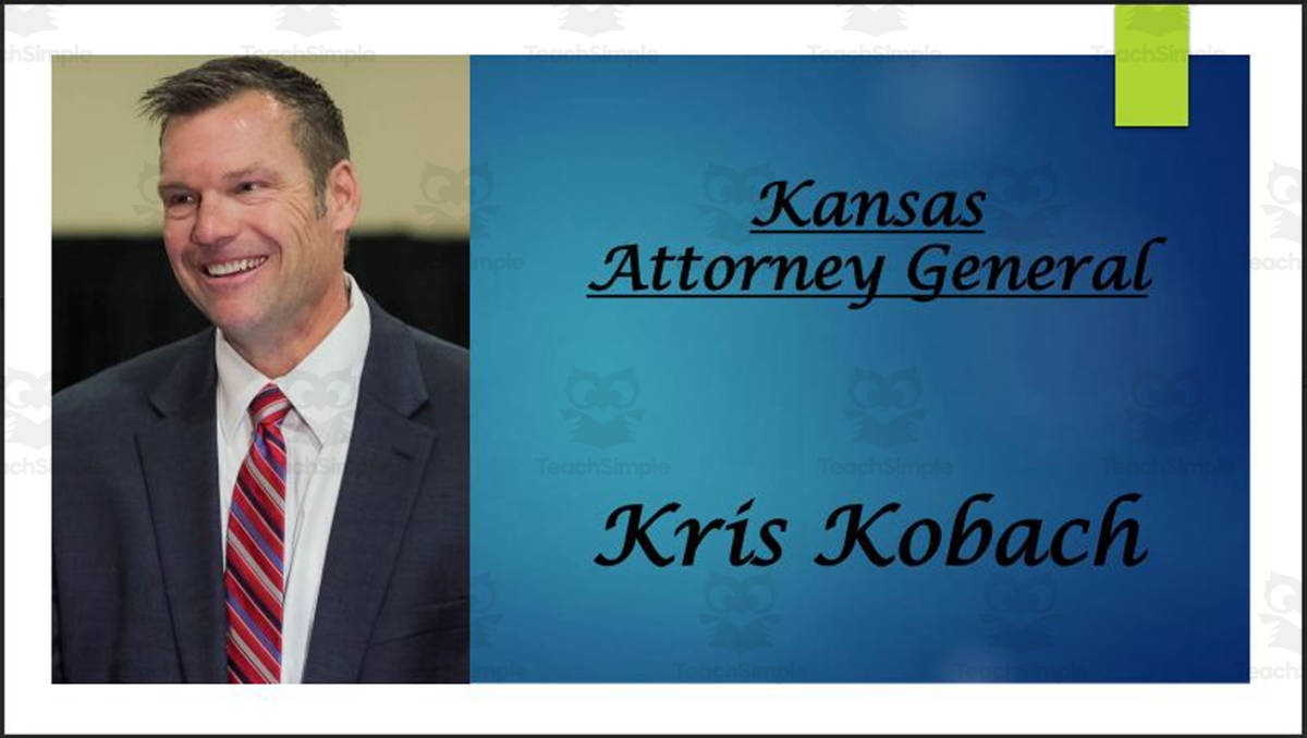 An educational teaching resource from Mr. Matthews Teacher Store entitled Attorney General Kris Kobach (KS) BIO PPT downloadable at Teach Simple.