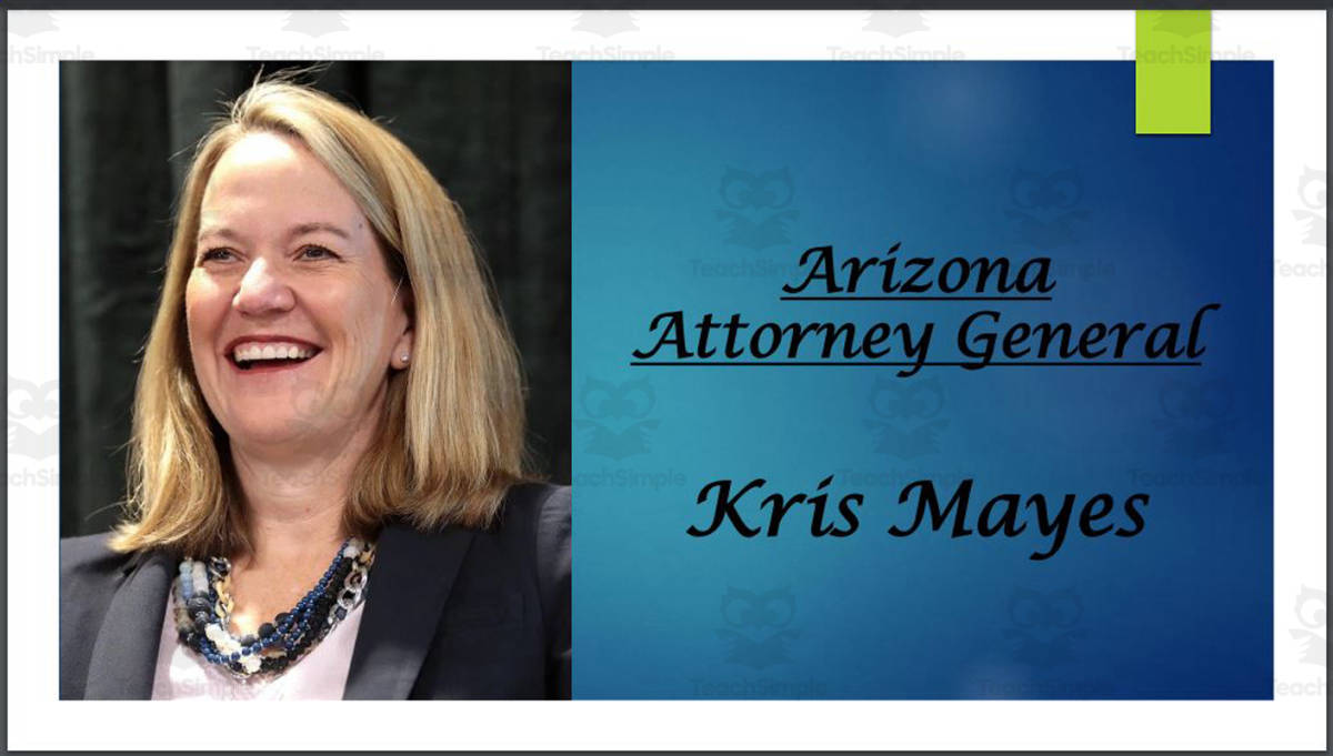 An educational teaching resource from Mr. Matthews Teacher Store entitled Attorney General Kris Mayes (AZ) Biography PowerPoint downloadable at Teach Simple.