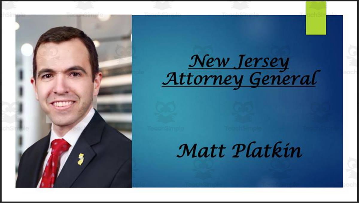 An educational teaching resource from Mr. Matthews Teacher Store entitled Attorney General Matt Platkin (NJ) BIO PPT downloadable at Teach Simple.