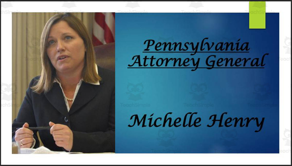 An educational teaching resource from Mr. Matthews Teacher Store entitled Attorney General Michelle Henry (PA) BIO PPT downloadable at Teach Simple.
