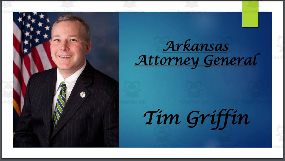 An educational teaching resource from Mr. Matthews Teacher Store entitled Attorney General Tim Griffin (AR) BIO PPT downloadable at Teach Simple.