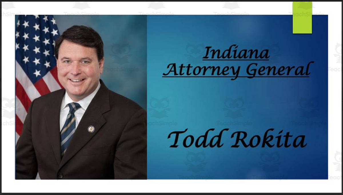 An educational teaching resource from Mr. Matthews Teacher Store entitled Attorney General Todd Rokita (IN) BIO PPT downloadable at Teach Simple.