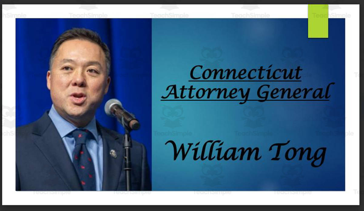 An educational teaching resource from Mr. Matthews Teacher Store entitled Attorney General William Tong (CT) BIO PPT downloadable at Teach Simple.