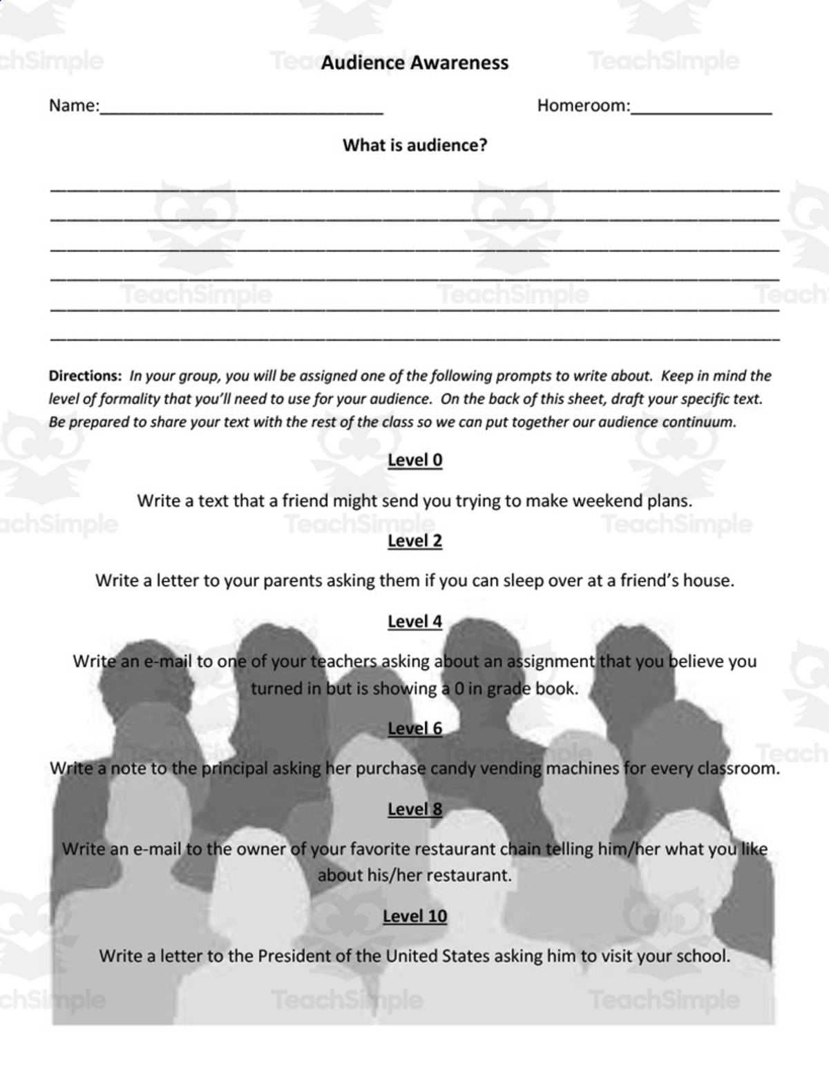 An educational teaching resource from ELA Resources entitled Audience Jigsaw Worksheet downloadable at Teach Simple.