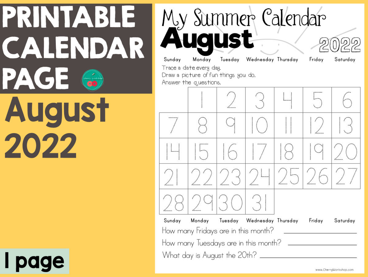 An educational teaching resource from Cherry Workshop entitled August 2022 Calendar downloadable at Teach Simple.