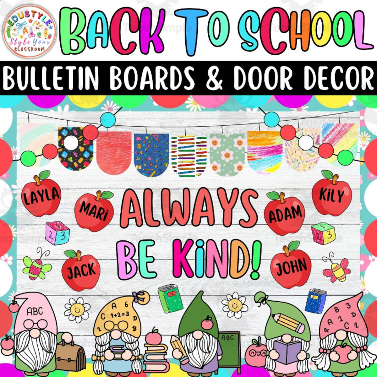 An educational teaching resource from Style Your Classroom entitled August And Gnome Back To School Bulletin board or door Decor kit downloadable at Teach Simple.