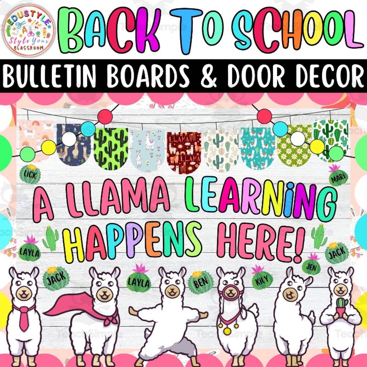 An educational teaching resource from Style Your Classroom entitled August And Sep: Llama Back To School Bulletin board or door Decor kit downloadable at Teach Simple.
