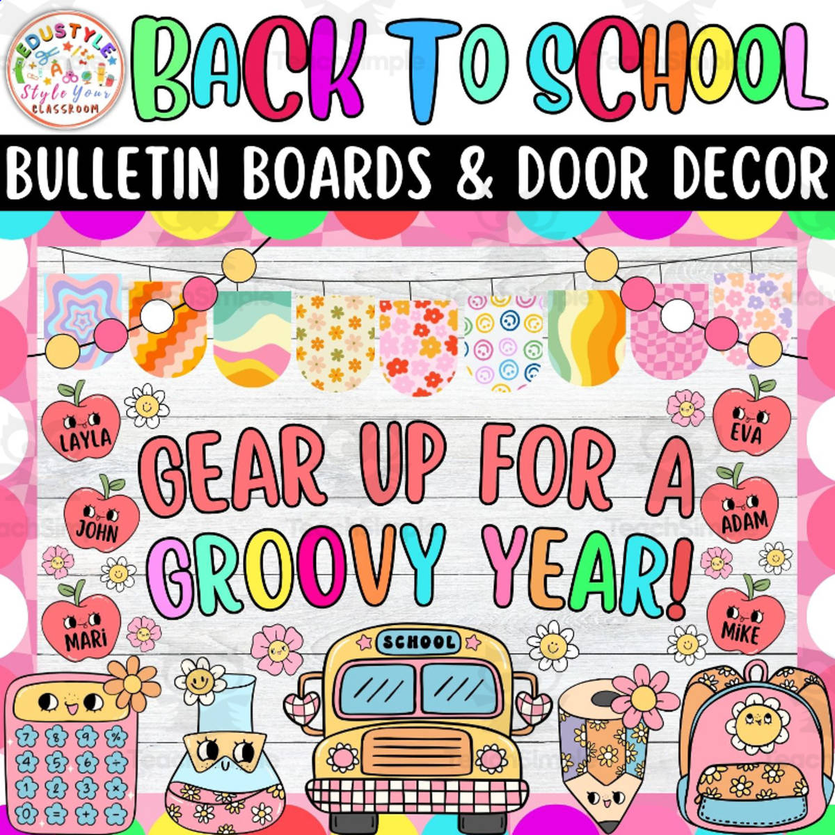 An educational teaching resource from Style Your Classroom entitled August And September | Back To School Bulletin board or door Decor kit downloadable at Teach Simple.