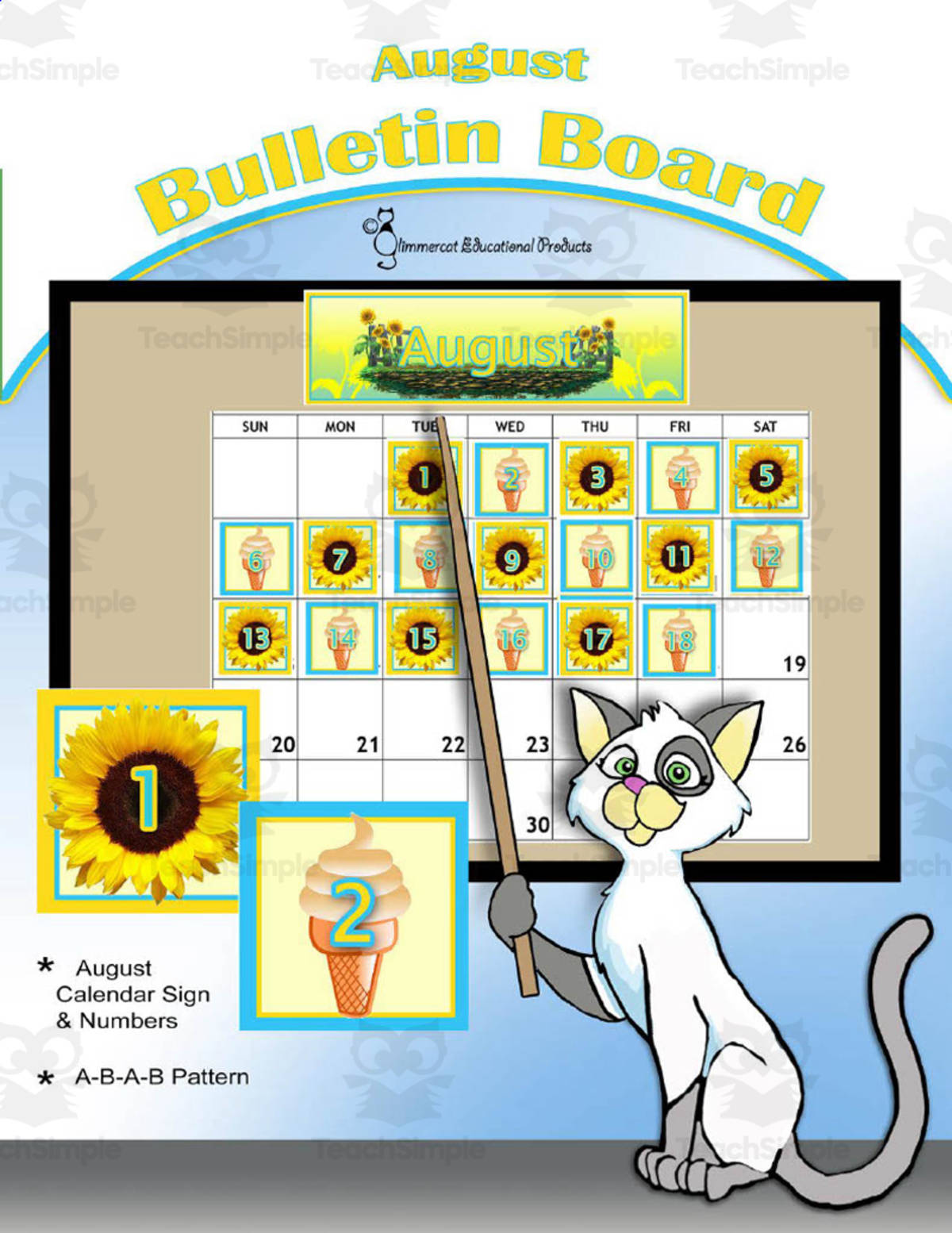 An educational teaching resource from Glimmercat Education entitled August Calendar Bulletin Board downloadable at Teach Simple.