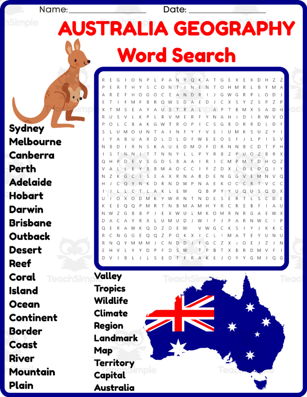 An educational teaching resource from space shope entitled AUSTRALIA GEOGRAPHY Word Search Puzzle Worksheet Activity downloadable at Teach Simple.