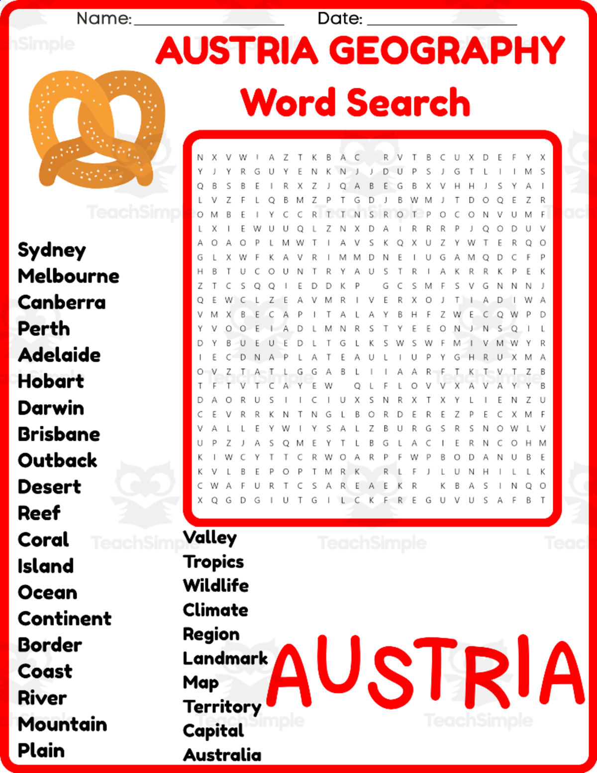 An educational teaching resource from space shope entitled AUSTRIA GEOGRAPHY Word Search Puzzle Worksheet Activity downloadable at Teach Simple.