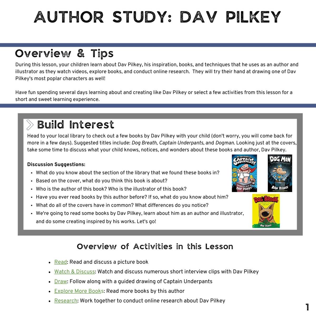 An educational teaching resource from Sprout & Inspire entitled Author Study: Dav Pilkey downloadable at Teach Simple.